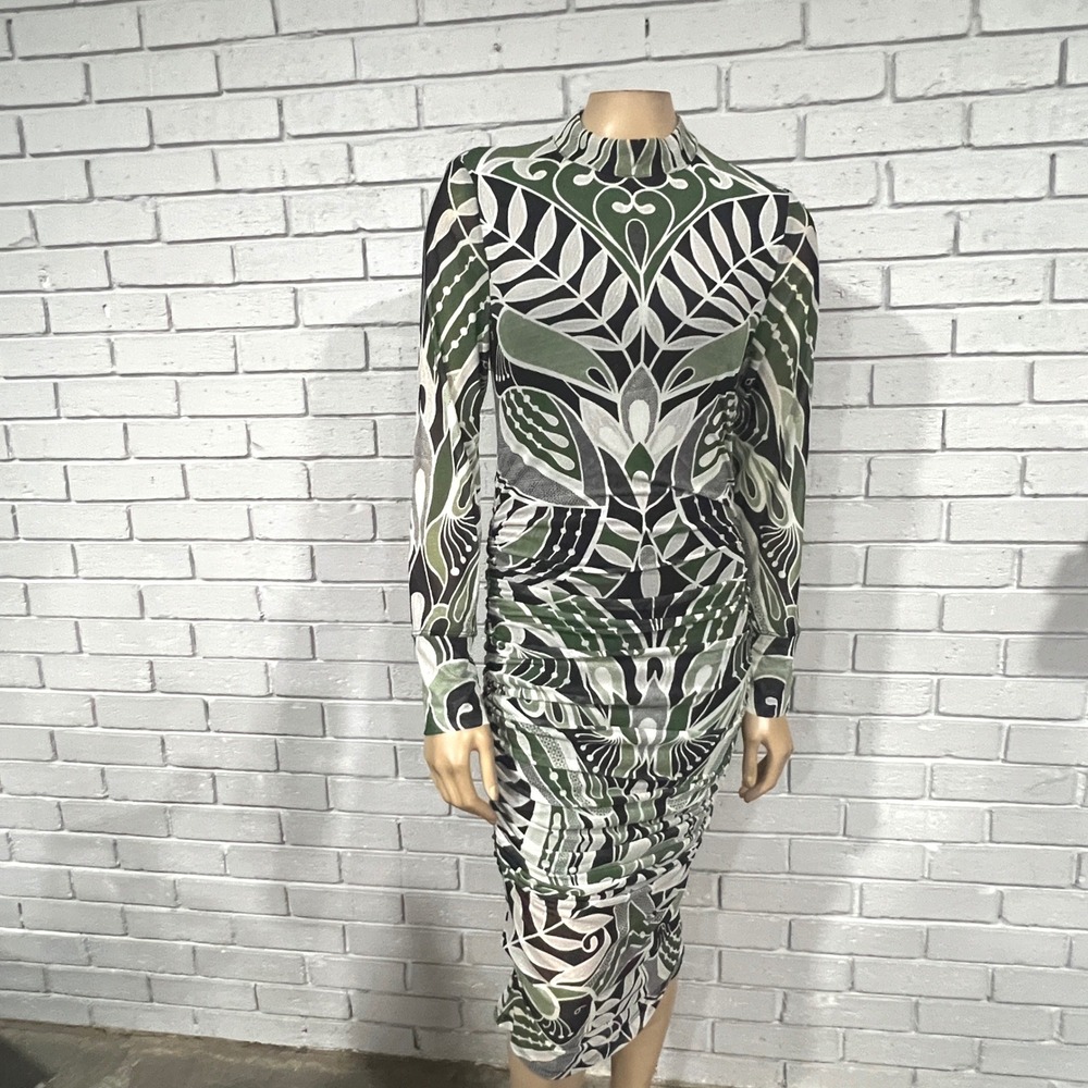 Farm Rio Green Lace Nature Tulle Botanical Geometric Mock Neck Midi Dress | M - Picture 1 of 11